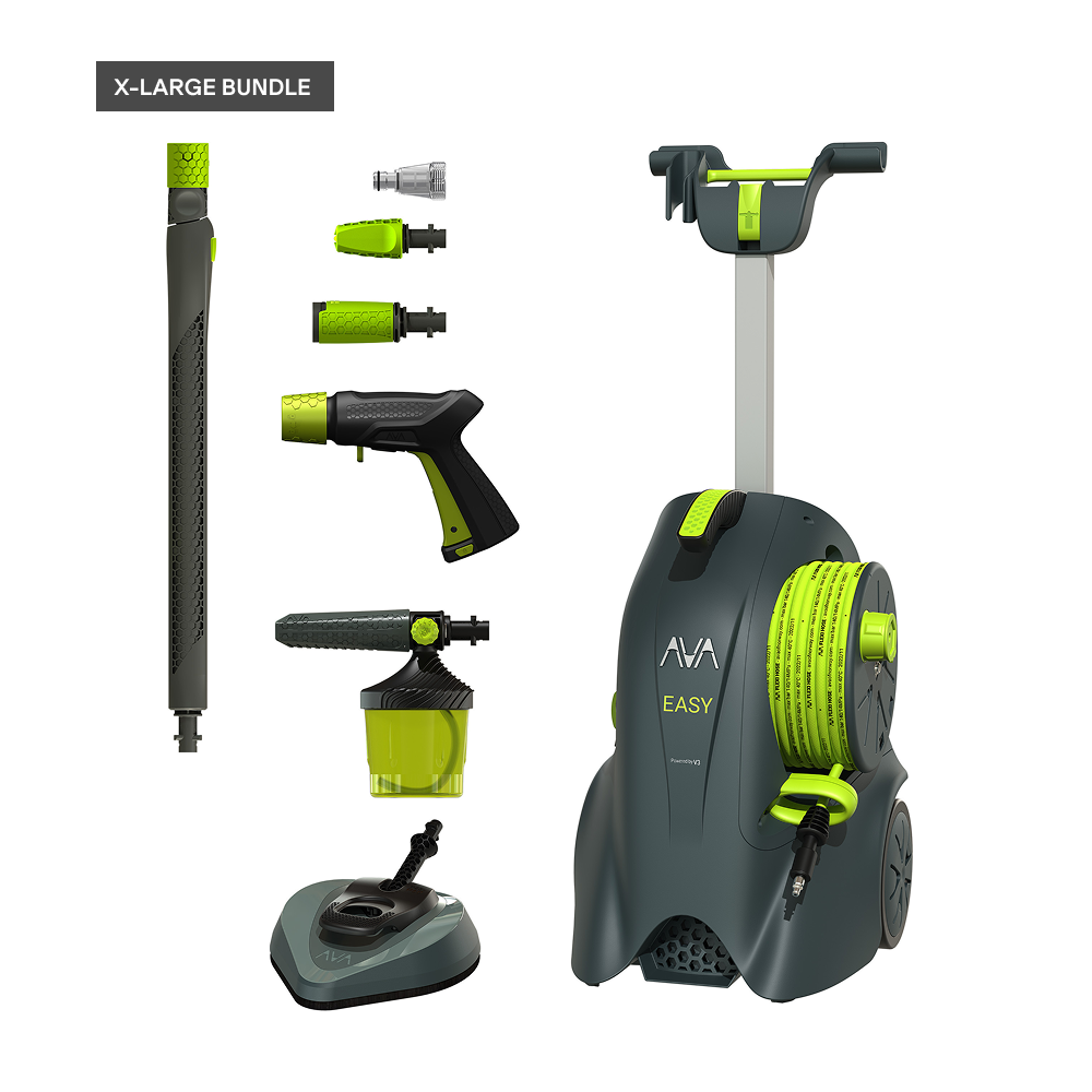 AVA Easy pressure washer X-Large Bundle with hose reel and included accessories displayed, including spray gun, lance, foam cannon, filter and nozzle attachments.