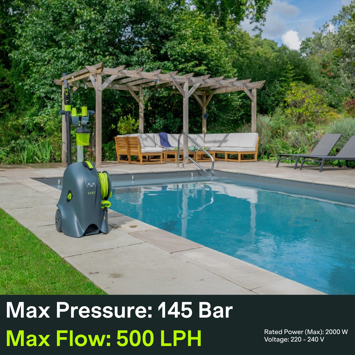 AVA Easy pressure washer with pool and patio in background, and text overlay with pressure and flow information