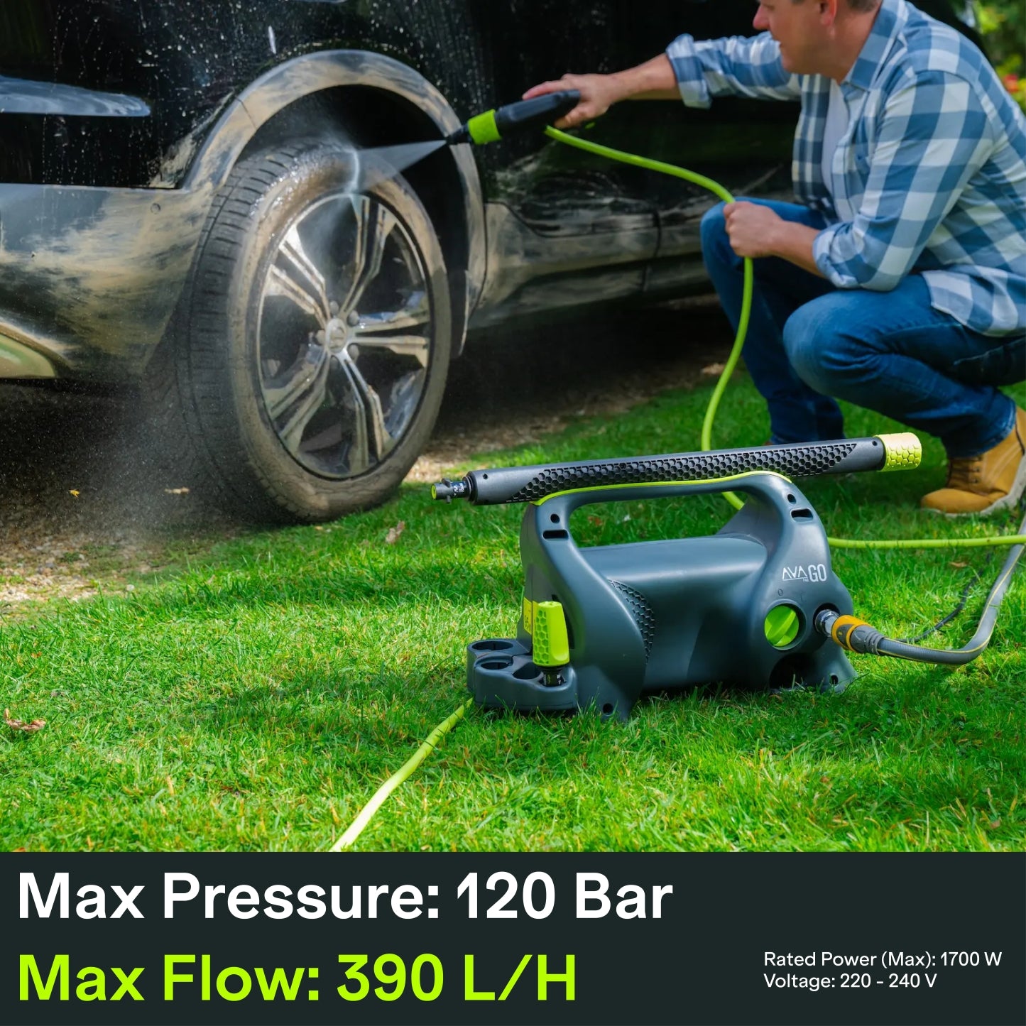 Person using an AVA pressure washer to clean a car tire on grass, with a pressure washer and hose visible.