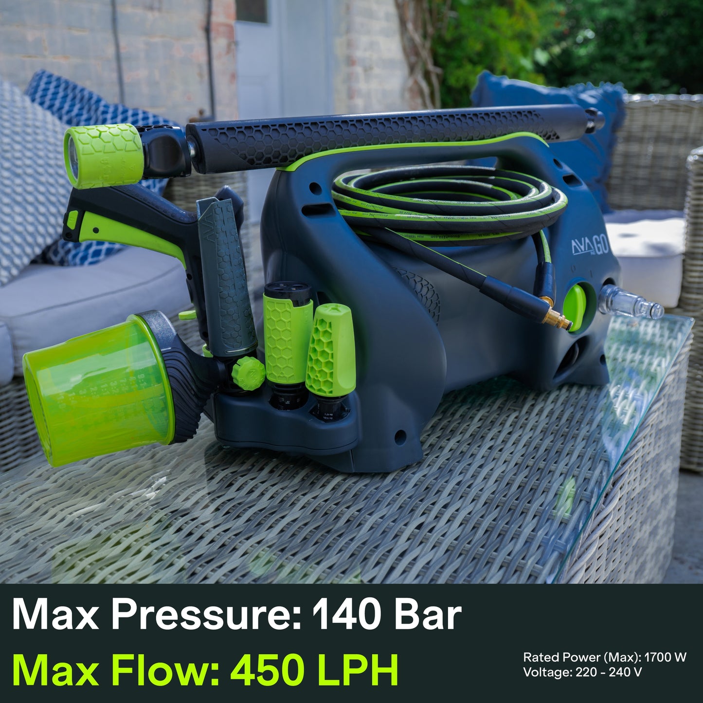 AVA pressure washer with hose on a patio surface with text overlay pressure and water flow information.