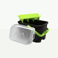 Black plastic bucket with a transparent lid, green handle, and transparent AVA logo on the lid, featuring a green grid.