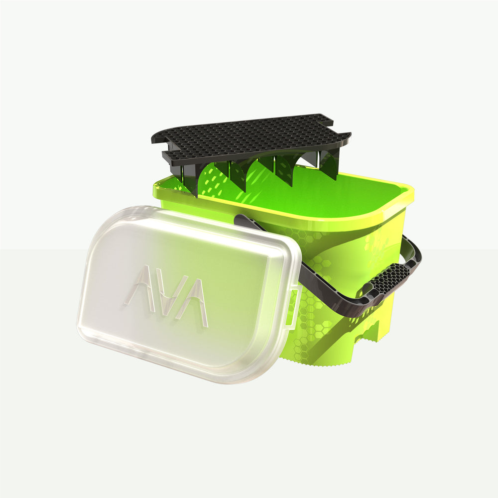Green plastic bucket with a transparent lid, black handle, and transparent AVA logo on the lid, featuring a black grid.