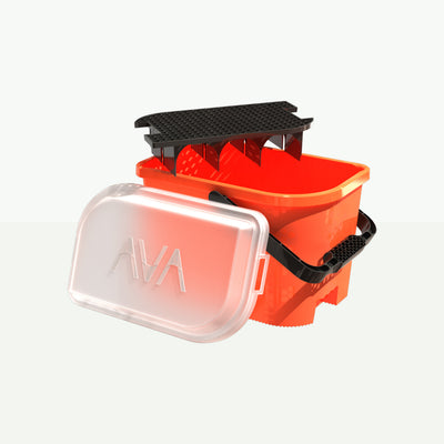 Red plastic bucket with a transparent lid, black handle, and transparent AVA logo on the lid, featuring a black grid.
