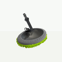 Round black microfiber mop head with bright green fringe and angled black handle.