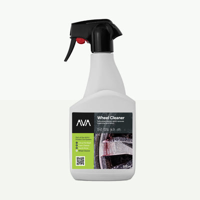 A 500 ml white plastic spray bottle with black trigger cap, labelled ‘AVA Wheel Cleaner’ with green and black design elements. The front label shows a close-up of a car wheel.