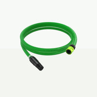 Green flexible hose coiled in a loop with black connector and green coupling