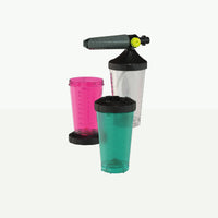Black foam cannon with three beakers (green, magenta, clear) and two lids.