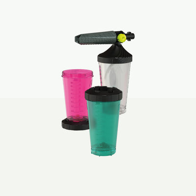 Black foam cannon with three beakers (green, magenta, clear) and two lids.